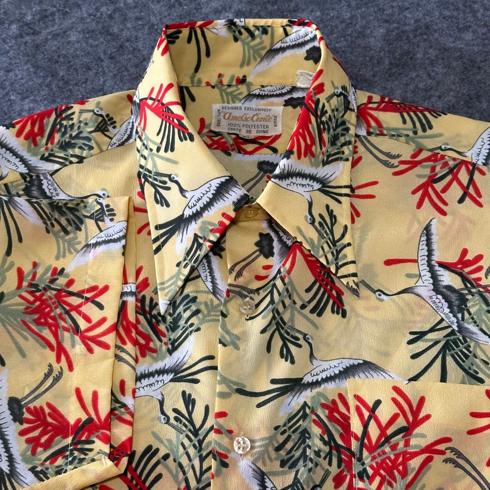 Vtg Leisurewear Shirt Mens XL Yellow Dagger Collar Crepe De Chine 70s 80s Resort